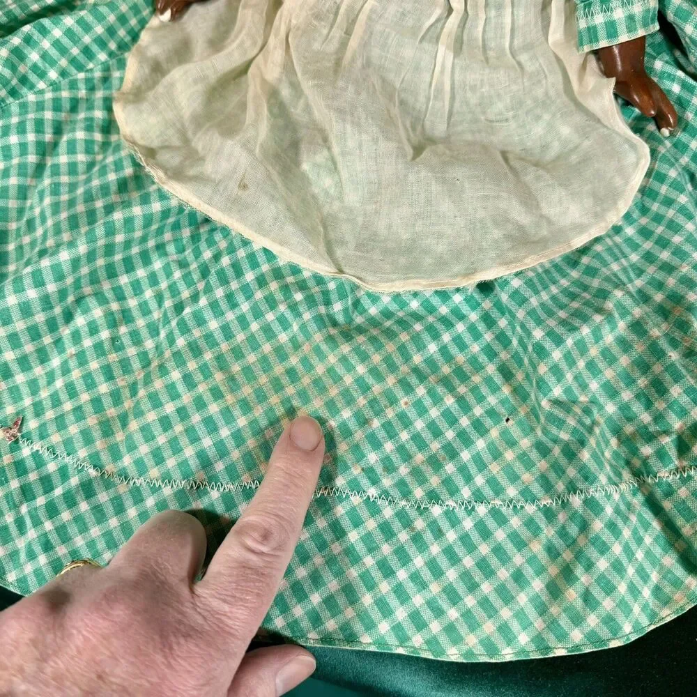 Vintage Handmade African American Doll Folk Art Decor Green Gingham Dress